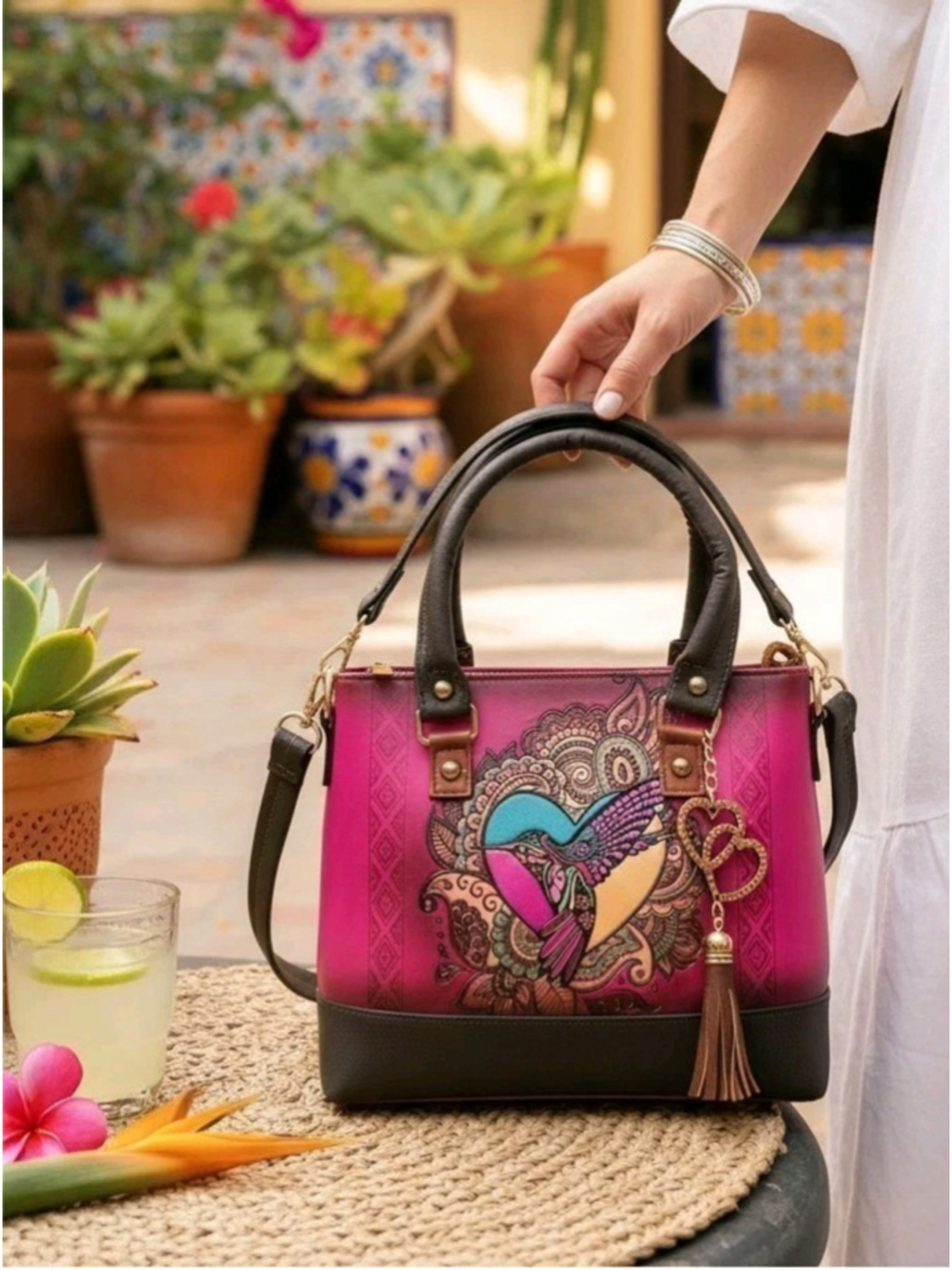 Mexican Hummingbird Embossed VEGAN Leather Handbag – Magenta Pink & Dark Brown